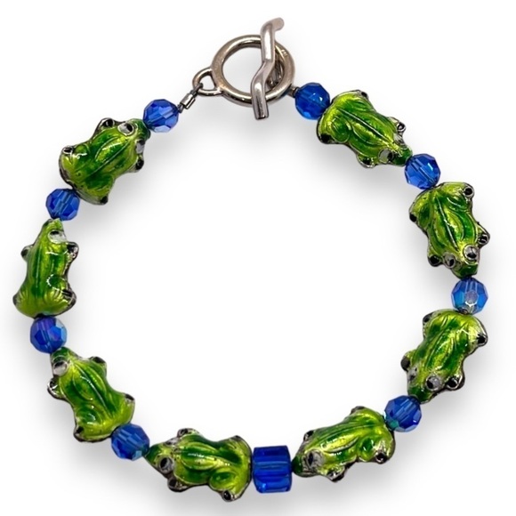 Frog Bracelet Green and Blue 925 Sterling Sliver Toggle Clasp - Picture 1 of 9